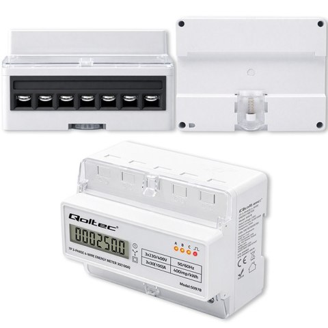 Qoltec Trójfazowy elektroniczny licznik | miernik zużycia energii na szynę DIN | 400V | 100A | LCD | LED | 7P