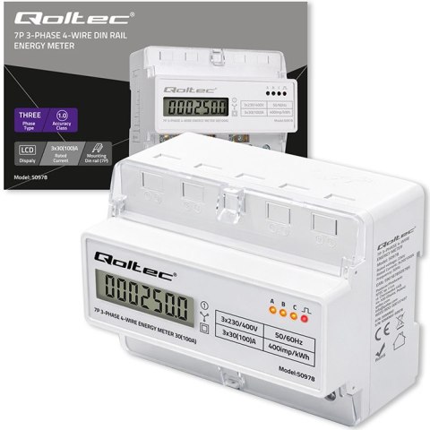 Qoltec Trójfazowy elektroniczny licznik | miernik zużycia energii na szynę DIN | 400V | 100A | LCD | LED | 7P