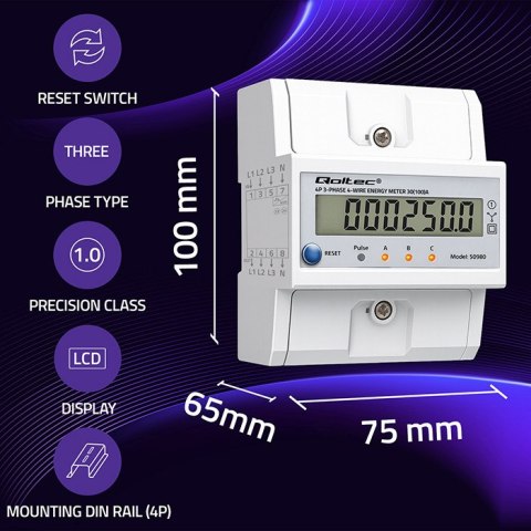 Qoltec Trójfazowy elektroniczny licznik z resetem | miernik zużycia energii na szynę DIN | 400V | 100A | LCD | LED | 4P