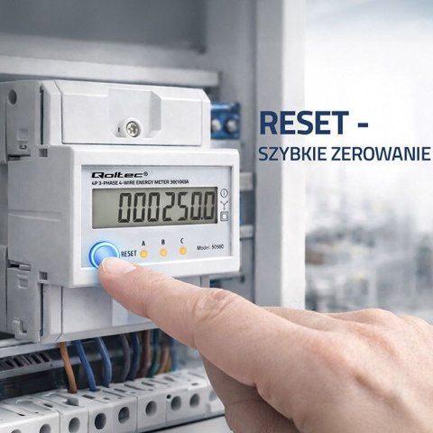 Qoltec Trójfazowy elektroniczny licznik z resetem | miernik zużycia energii na szynę DIN | 400V | 100A | LCD | LED | 4P