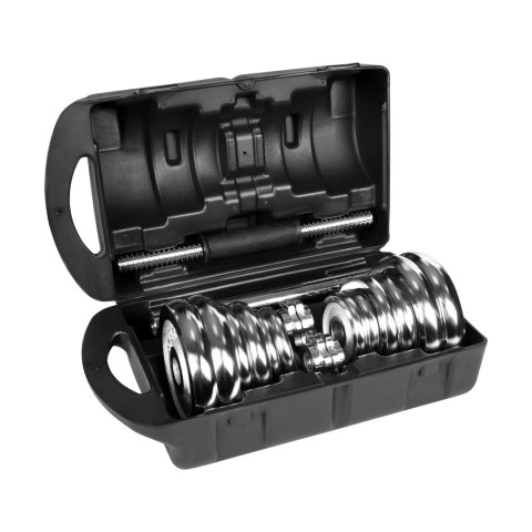 Hantle żeliwne chromowane regulowane w walizce z gryfem, zestaw 20kg REBEL ACTIVE