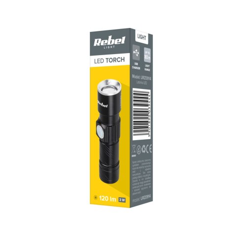 Latarka aluminiowa 3W Rebel (ZOOM, wtyk USB)