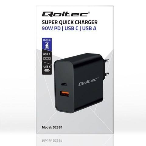 Qoltec Ładowarka Super Quick PD | 90W | 5-20V | 2.4-4.35A | 1xUSB typ C | 1xUSB A | Czarna