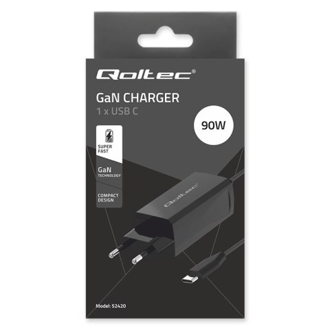 Qoltec Ładowarka sieciowa 90W GaN Super Fast | 5-20V | 3-4.5A | USB-C 3.1 | Laptop | MacBook | Smartfon