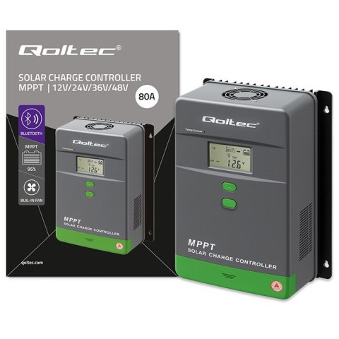 Qoltec Solarny regulator ładowania MPPT z czujnikiem temperatury 80A |12V / 24V / 36V / 48V | LCD | Bluetooth | APP | GEL | LiFe