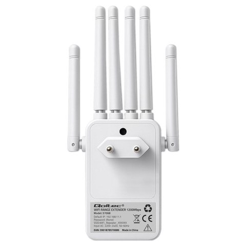 Qoltec Wzmacniacz sygnału WiFi 6 | Repeater | Access Point | AX1200 Mb/s | 6 Anten | 2x RJ45 | 128MB