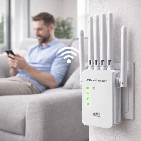 Qoltec Wzmacniacz sygnału WiFi | Repeater | Access Point | N300Mb/s | 6 anten | 2x RJ45