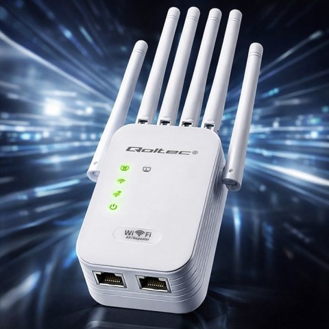 Qoltec Wzmacniacz sygnału WiFi | Repeater | Access Point | N300Mb/s | 6 anten | 2x RJ45