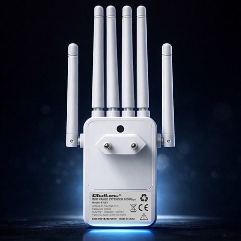 Qoltec Wzmacniacz sygnału WiFi | Repeater | Access Point | N300Mb/s | 6 anten | 2x RJ45