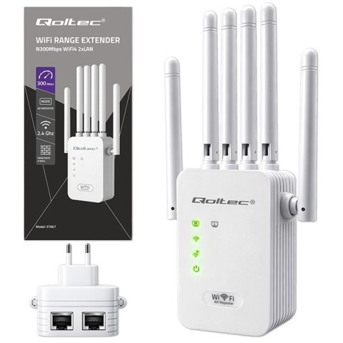 Qoltec Wzmacniacz sygnału WiFi | Repeater | Access Point | N300Mb/s | 6 anten | 2x RJ45