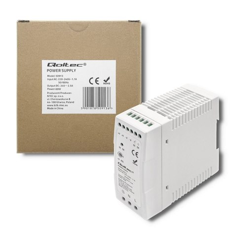 Qoltec Zasilacz na szynę DIN | 60W | 24V | 2.5A | Szary | Slim