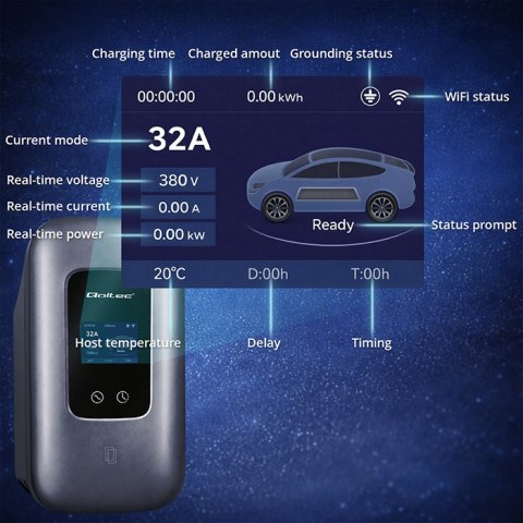 Qoltec Stacja ładowania EV Typ2 do samochodu elektrycznego i hybryd | 3 fazy | 22kW | 32A | Wi-fi | LCD | RFID | Smart life | T