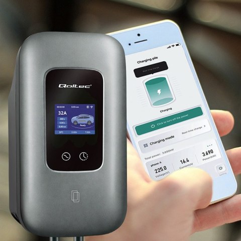 Qoltec Stacja ładowania EV Typ2 do samochodu elektrycznego i hybryd | 3 fazy | 22kW | 32A | Wi-fi | LCD | RFID | Smart life | T