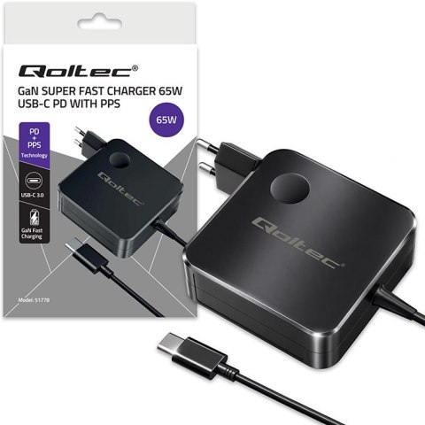 Qoltec Ładowarka sieciowa GaN Super Fast 65W | USB-C PD PPS | 5-21V | 3-3.25A | Laptop | MacBook | Smartfon | kabel 1.8m