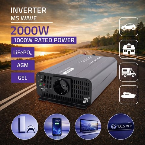 Qoltec Przetwornica napięcia MS Wave | 12V na 230V | 1000/2000W | USB | Kompatybilna z LiFePO4 GEL AGM