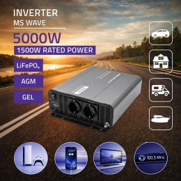 Qoltec Przetwornica napięcia MS Wave | 12V na 230V | 2500/5000W | USB | Kompatybilna z LiFePO4 GEL AGM
