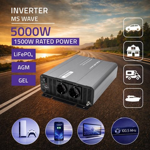 Qoltec Przetwornica napięcia MS Wave | 12V na 230V | 2500/5000W | USB | Kompatybilna z LiFePO4 GEL AGM