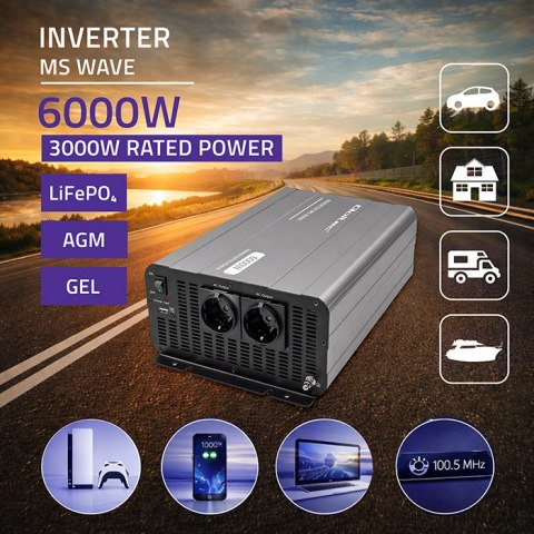 Qoltec Przetwornica napięcia MS Wave | 12V na 230V | 3000/6000W | USB | Kompatybilna z LiFePO4 GEL AGM