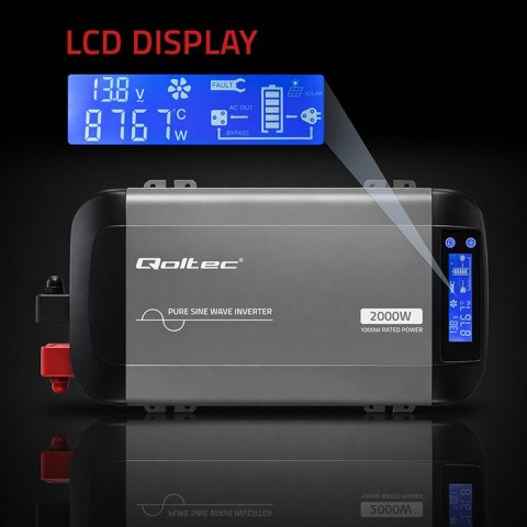 Qoltec Przetwornica napięcia Pure Sine Wave | 12V na 230V | 1000/2000W | LCD | USB | USB-C | Kompatybilna z LiFePO4 GEL AGM