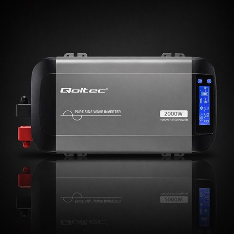 Qoltec Przetwornica napięcia Pure Sine Wave | 12V na 230V | 1000/2000W | LCD | USB | USB-C | Kompatybilna z LiFePO4 GEL AGM