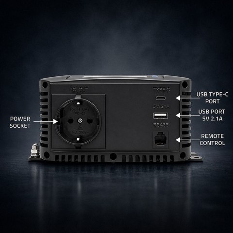 Qoltec Przetwornica napięcia Pure Sine Wave | 12V na 230V | 1000/2000W | LCD | USB | USB-C | Kompatybilna z LiFePO4 GEL AGM