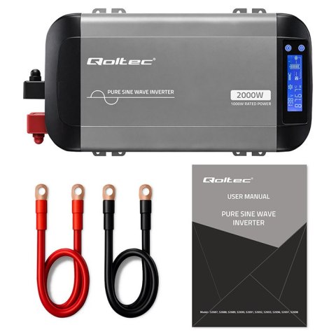 Qoltec Przetwornica napięcia Pure Sine Wave | 12V na 230V | 1000/2000W | LCD | USB | USB-C | Kompatybilna z LiFePO4 GEL AGM