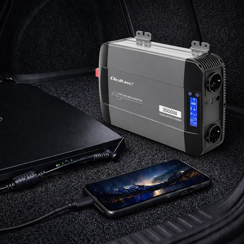 Qoltec Przetwornica napięcia Pure Sine Wave | 12V na 230V | 1500/3000W | LCD | USB | USB-C | Kompatybilna z LiFePO4 GEL AGM