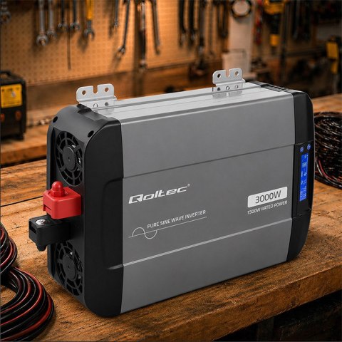Qoltec Przetwornica napięcia Pure Sine Wave | 12V na 230V | 1500/3000W | LCD | USB | USB-C | Kompatybilna z LiFePO4 GEL AGM