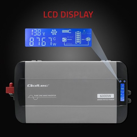 Qoltec Przetwornica napięcia Pure Sine Wave | 12V na 230V | 3000/6000W | LCD | USB | USB-C | Kompatybilna z LiFePO4 GEL AGM