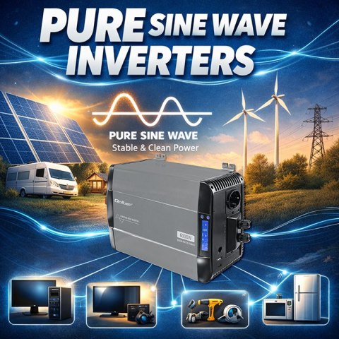 Qoltec Przetwornica napięcia Pure Sine Wave | 12V na 230V | 3000/6000W | LCD | USB | USB-C | Kompatybilna z LiFePO4 GEL AGM