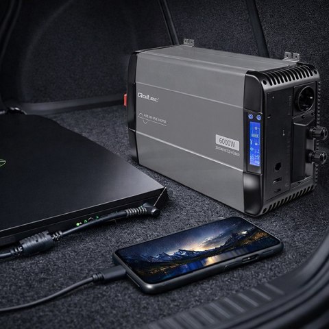 Qoltec Przetwornica napięcia Pure Sine Wave | 12V na 230V | 3000/6000W | LCD | USB | USB-C | Kompatybilna z LiFePO4 GEL AGM