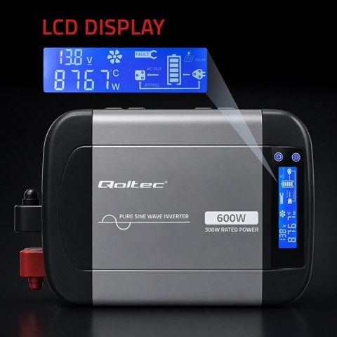 Qoltec Przetwornica napięcia Pure Sine Wave | 12V na 230V | 300/600W | LCD | USB | USB-C | Kompatybilna z LiFePO4 GEL AGM