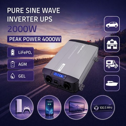 Qoltec Przetwornica napięcia Pure Sine Wave z UPS | 12V na 230V | 2000/4000W | LCD | USB | USB-C | Kompatybilna z LiFePO4 GEL AG