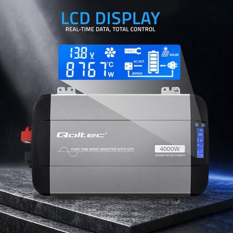 Qoltec Przetwornica napięcia Pure Sine Wave z UPS | 12V na 230V | 2000/4000W | LCD | USB | USB-C | Kompatybilna z LiFePO4 GEL AG