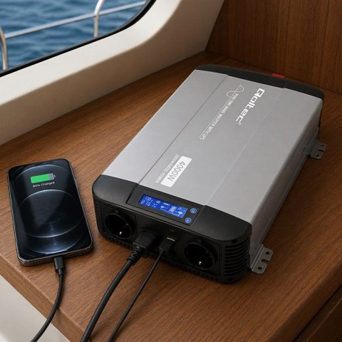 Qoltec Przetwornica napięcia Pure Sine Wave z UPS | 12V na 230V | 2000/4000W | LCD | USB | USB-C | Kompatybilna z LiFePO4 GEL AG