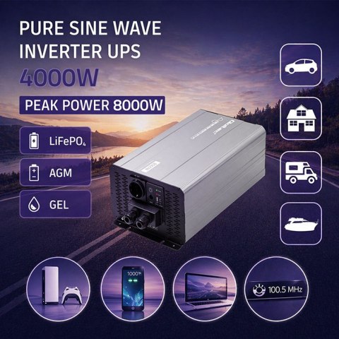 Qoltec Przetwornica napięcia Pure Sine Wave z UPS | 12V na 230V | 4000/8000W | USB | Kompatybilna z LiFePO4 GEL AGM