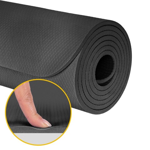 Mata gimnastyczna do ćwiczeń joga, pilates, fitness, 183x61cm, grubość 1cm, materiał TPE, czarna, REBEL ACTIVE