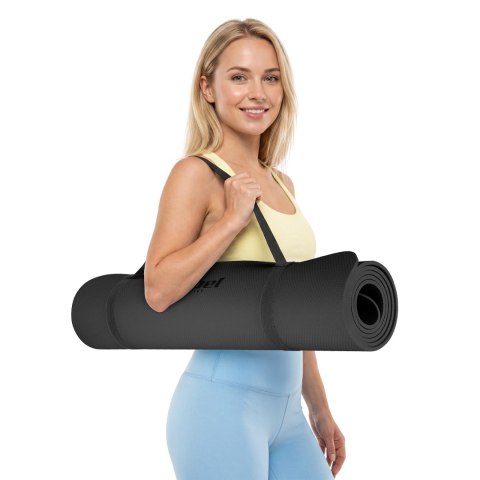 Mata gimnastyczna do ćwiczeń joga, pilates, fitness, 183x61cm, grubość 1cm, materiał TPE, czarna, REBEL ACTIVE