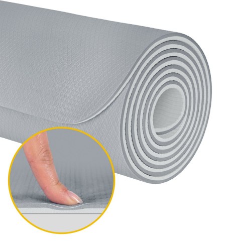 Mata gimnastyczna do ćwiczeń joga, pilates, fitness, 183x61cm, grubość 6mm, materiał TPE, szara, REBEL ACTIVE