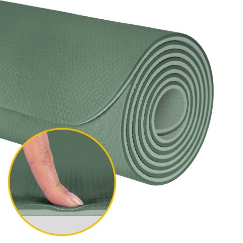 Mata gimnastyczna do ćwiczeń joga, pilates, fitness, 183x61cm, grubość 6mm, materiał TPE, zielona, REBEL ACTIVE