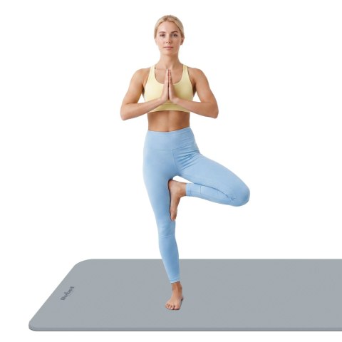 Mata gimnastyczna do ćwiczeń joga, pilates, fitness, 200x90cm, grubość 1cm, materiał TPE, szara, REBEL ACTIVE