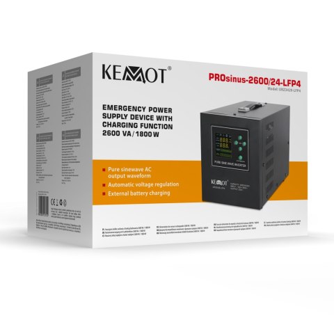 Zasilacz awaryjny KEMOT PROsinus-2600/24-LFP4 przetwornica z czystym przebiegiem sinusoidalnym i funkcją ładowania 24V 230V 2600