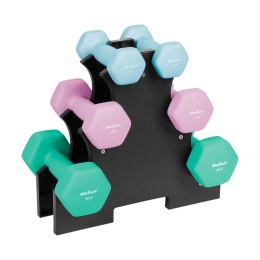 Hantelki żeliwne neoprenowe HEX zestaw 12kg ze stojakiem (2x1kg+2x2kg+2x3kg), REBEL ACTIVE