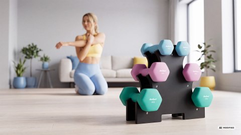 Hantelki żeliwne neoprenowe HEX zestaw 12kg ze stojakiem (2x1kg+2x2kg+2x3kg), REBEL ACTIVE