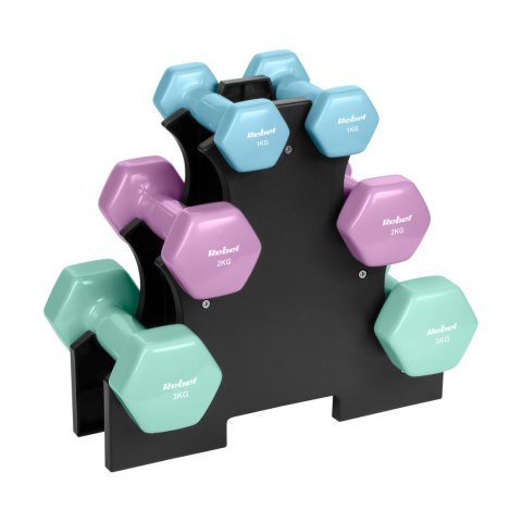 Hantelki żeliwne winylowe HEX zestaw 12kg ze stojakiem (2x1kg+2x2kg+2x3kg), REBEL ACTIVE