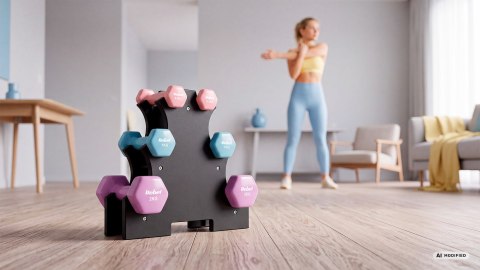 Hantelki żeliwne winylowe HEX zestaw 7kg ze stojakiem (2x0.5kg+2x1kg+2x2kg), REBEL ACTIVE
