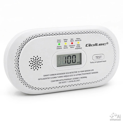 Qoltec Certyfikowany bezprzewodowy Czujnik tlenku węgla (czadu) | detektor CO | alarm 85dB | LCD | Diody LED