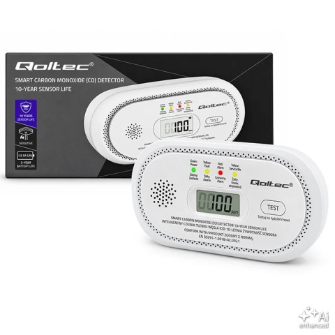 Qoltec Certyfikowany bezprzewodowy Czujnik tlenku węgla (czadu) | detektor CO | alarm 85dB | LCD | Diody LED