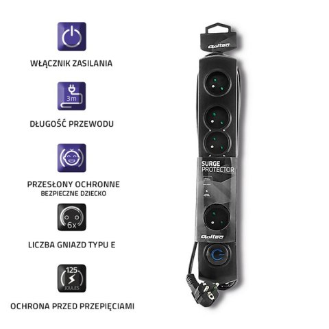 Qoltec Listwa antyprzepięciowa | 6 gniazd | 3m Qoltec Listwa antyprzepięciowa | 6 gniazd | 3m