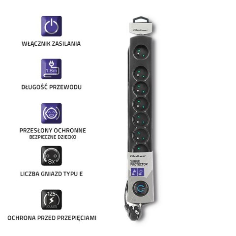 Qoltec Listwa antyprzepięciowa | 8 gniazd | 1.8m Qoltec Listwa antyprzepięciowa | 8 gniazd | 1.8m